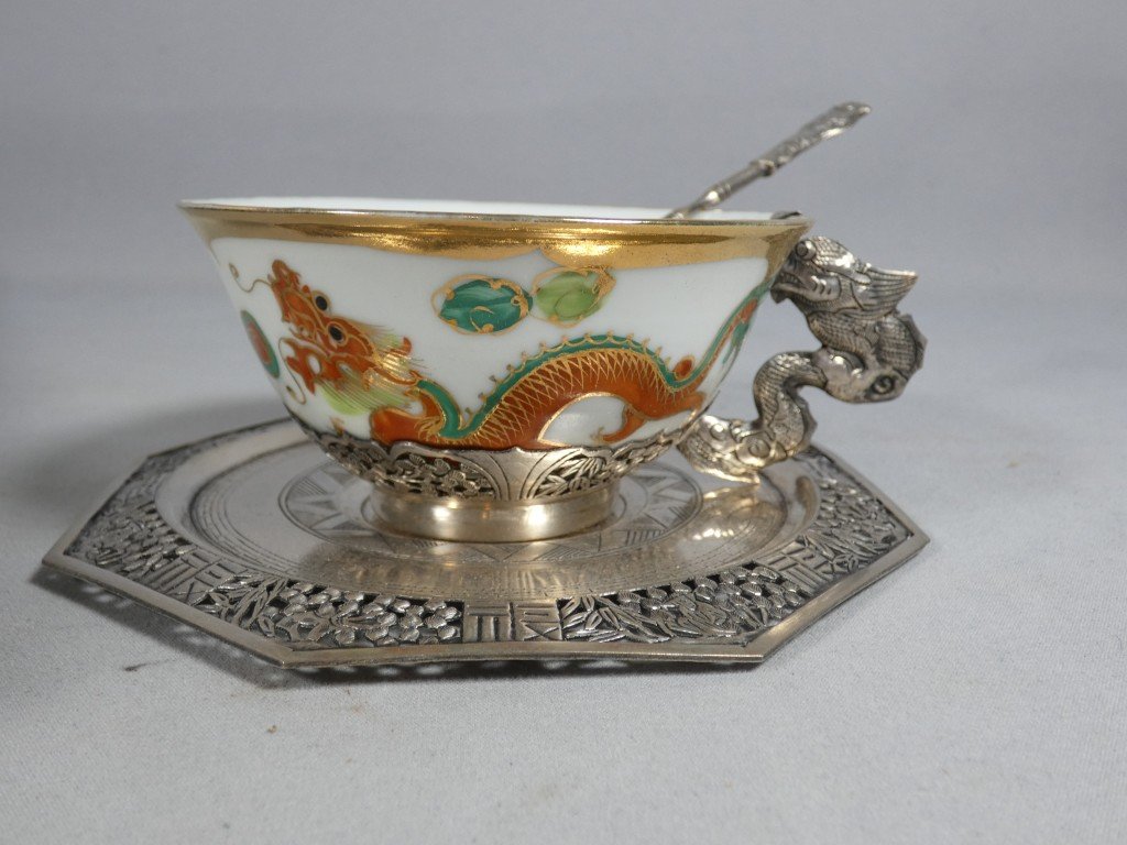 Porcelain And Solid Silver Dragon Tea Set, Indochina, Early 20th Century-photo-5
