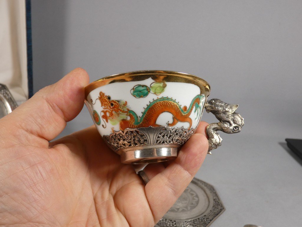 Porcelain And Solid Silver Dragon Tea Set, Indochina, Early 20th Century-photo-6