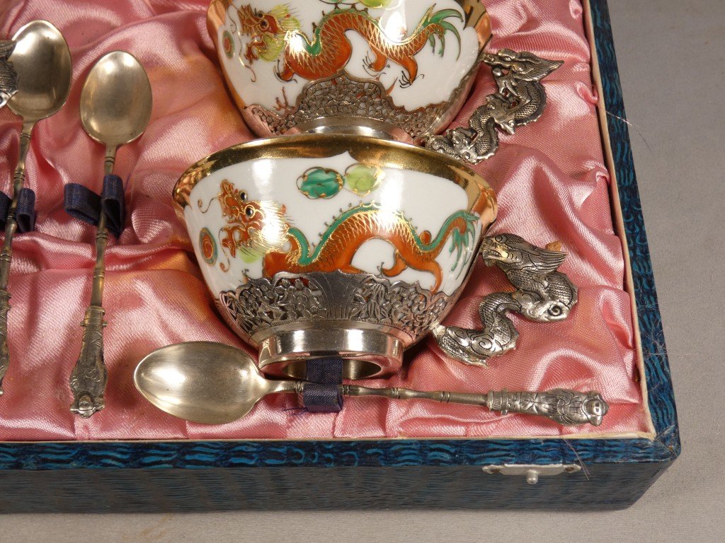 Porcelain And Solid Silver Dragon Tea Set, Indochina, Early 20th Century-photo-1
