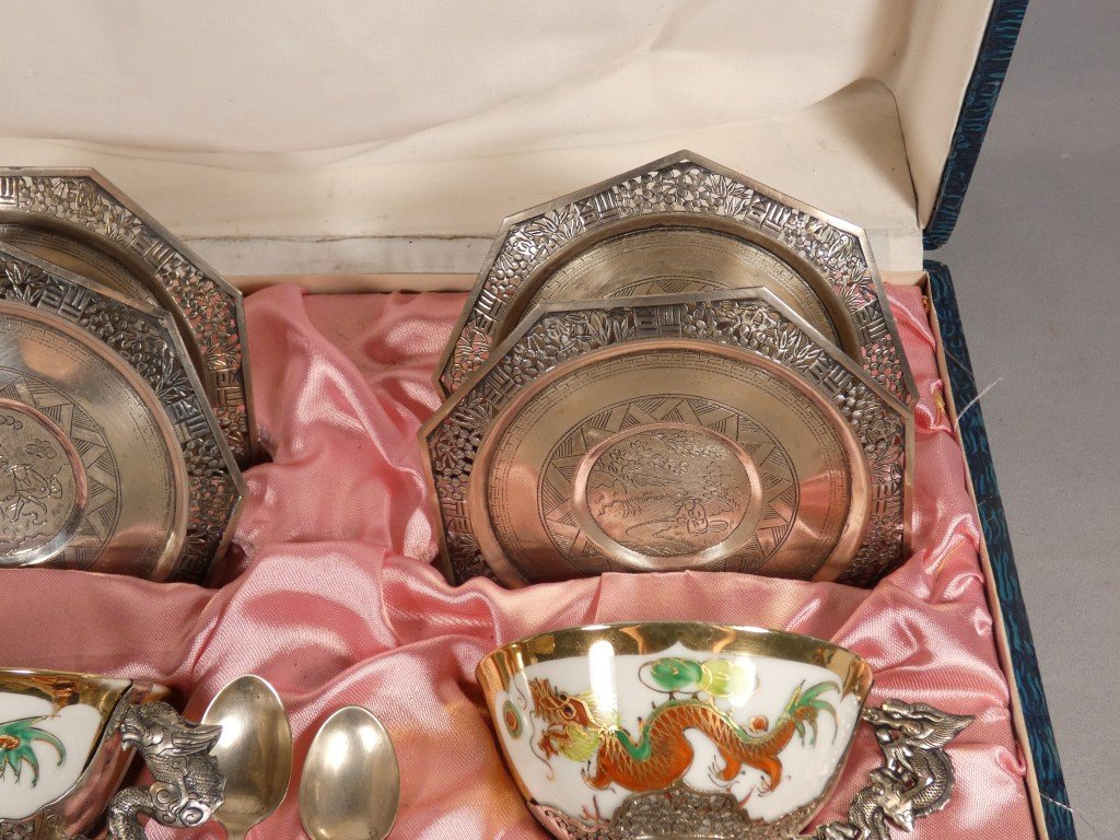 Porcelain And Solid Silver Dragon Tea Set, Indochina, Early 20th Century-photo-2