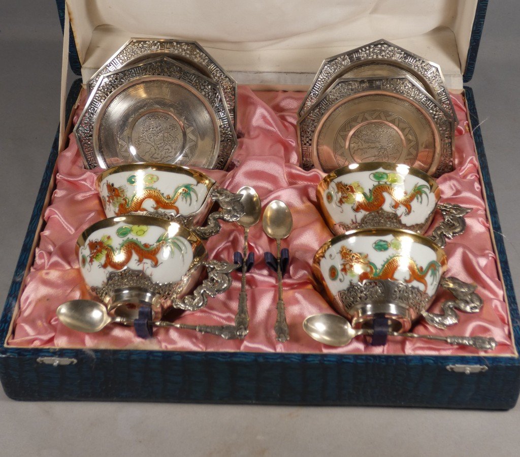 Porcelain And Solid Silver Dragon Tea Set, Indochina, Early 20th Century