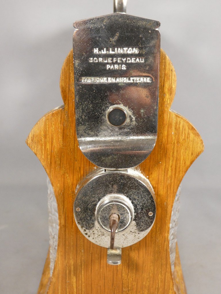 Cave à whisky ou alcool fort, 3 carafes dans coffret bois et fer, époque 1920-photo-2