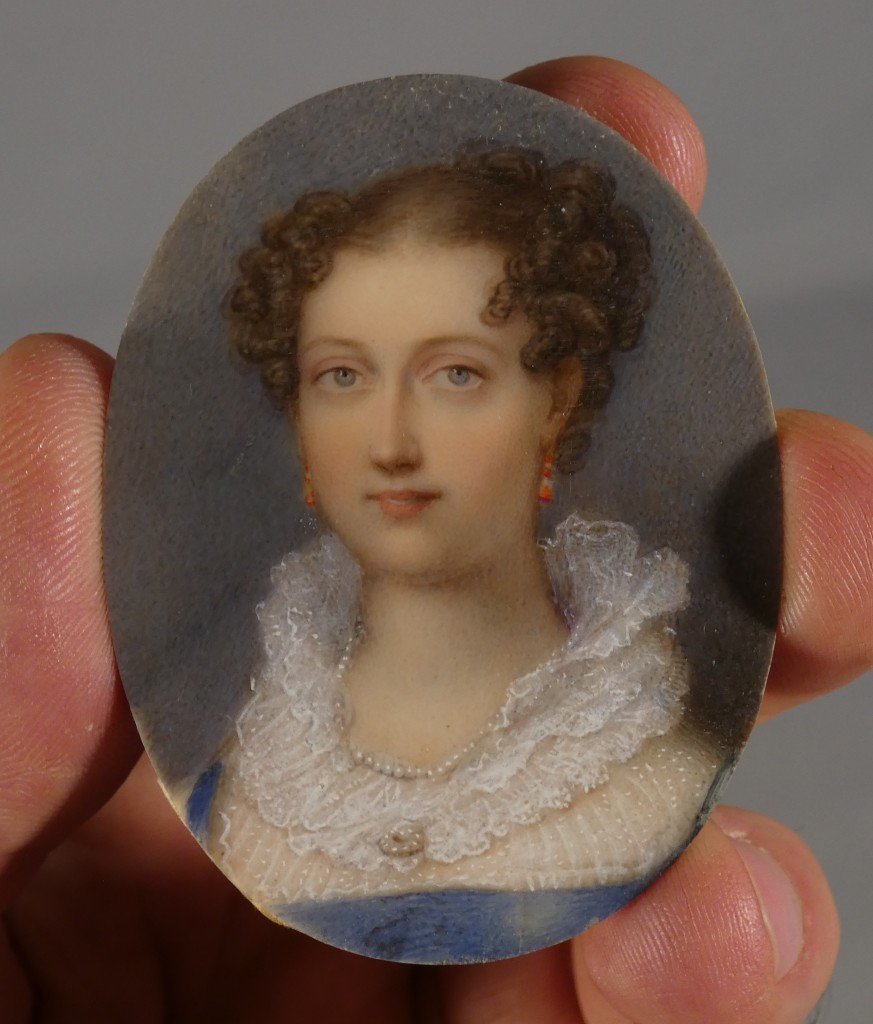 Queen Adélaïde de Saxe-Meiningen, Reine consort du Royaume Uni, portrait miniature à la gouache-photo-2