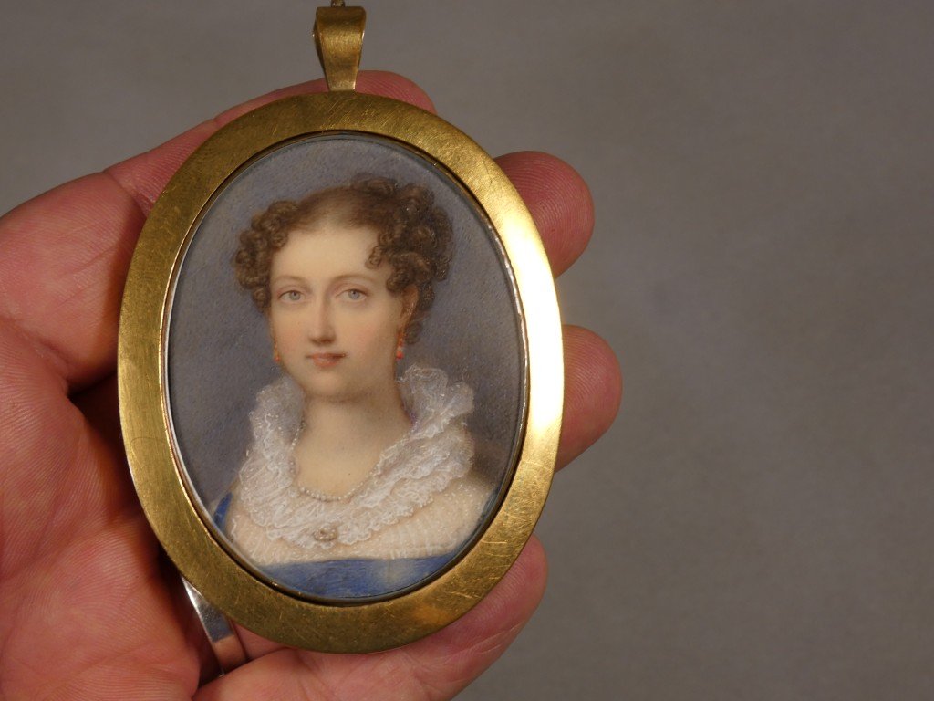 Queen Adélaïde de Saxe-Meiningen, Reine consort du Royaume Uni, portrait miniature à la gouache-photo-2