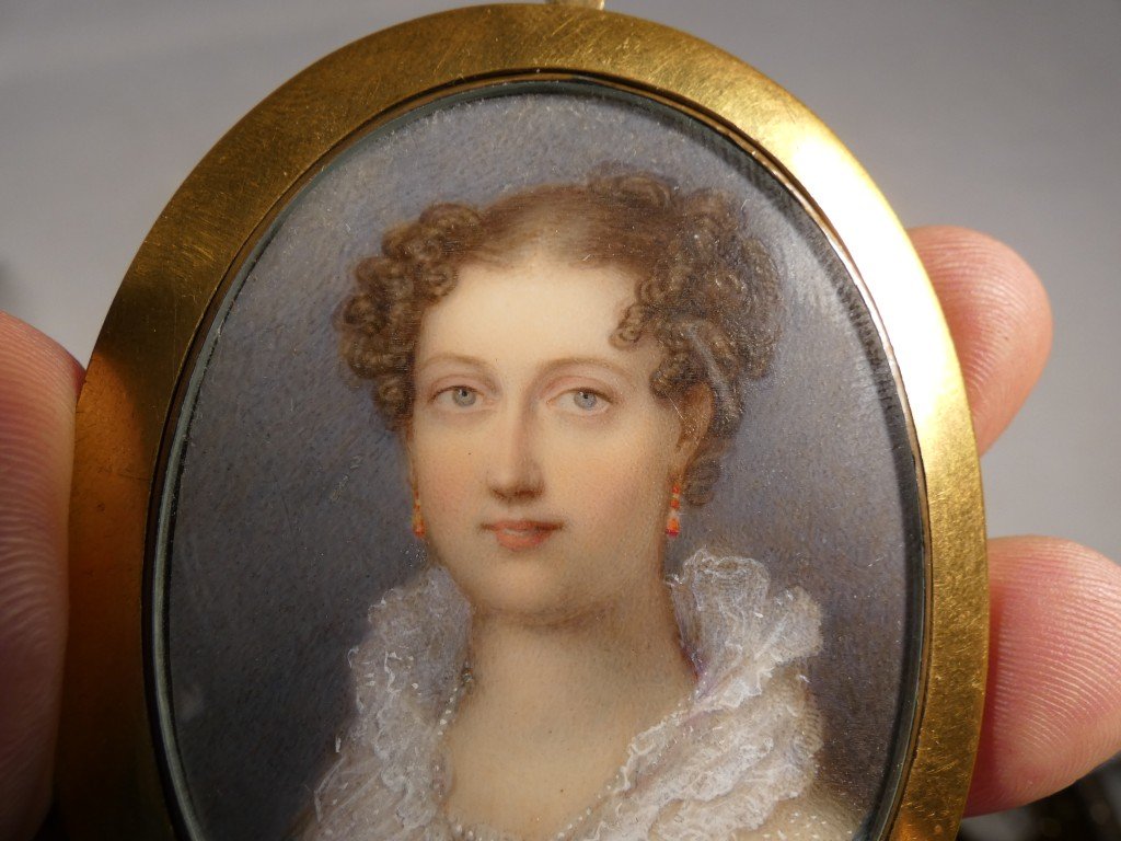 Queen Adélaïde de Saxe-Meiningen, Reine consort du Royaume Uni, portrait miniature à la gouache-photo-5