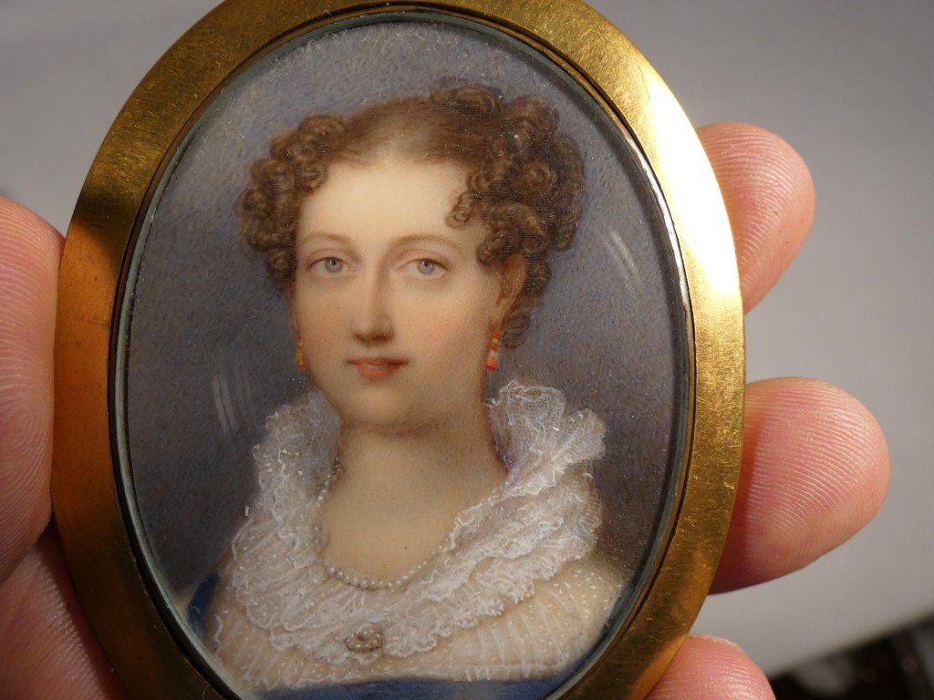 Queen Adélaïde de Saxe-Meiningen, Reine consort du Royaume Uni, portrait miniature à la gouache-photo-6