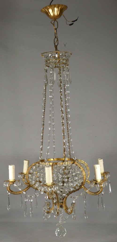 Lustre italien sac de perles et fer doré, époque milieu  XX ème-photo-2