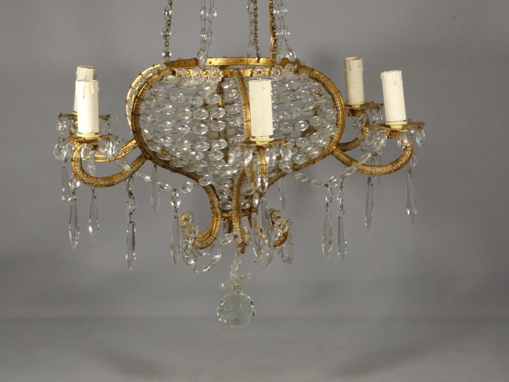 Lustre italien sac de perles et fer doré, époque milieu  XX ème-photo-3