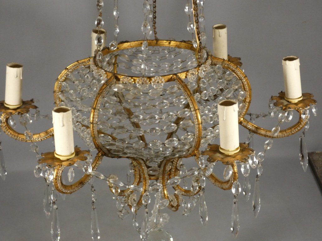 Lustre italien sac de perles et fer doré, époque milieu  XX ème-photo-4