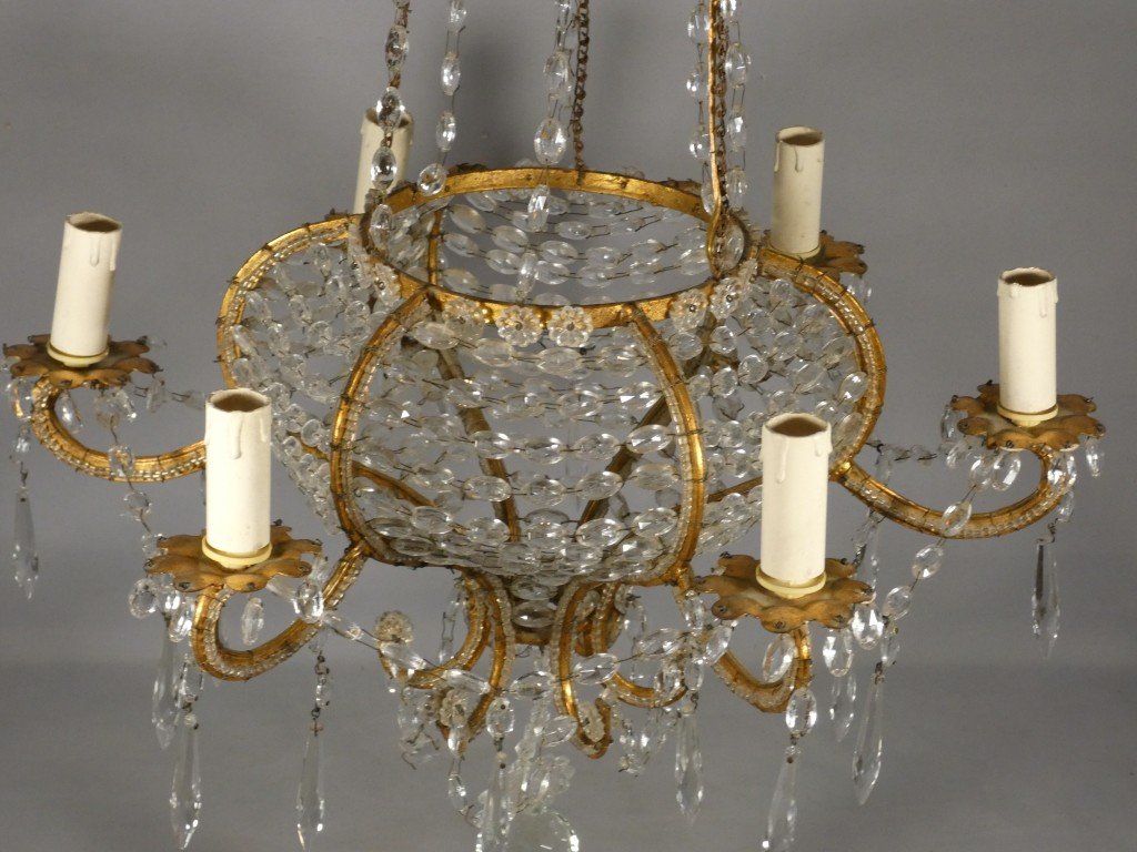 Lustre italien sac de perles et fer doré, époque milieu  XX ème-photo-2