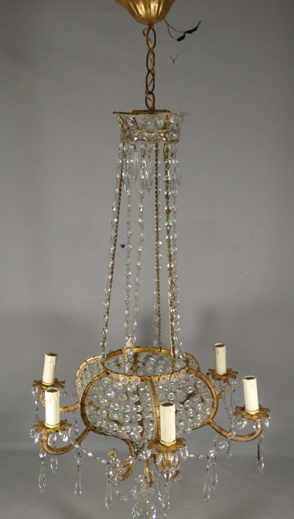 Lustre italien sac de perles et fer doré, époque milieu  XX ème-photo-3