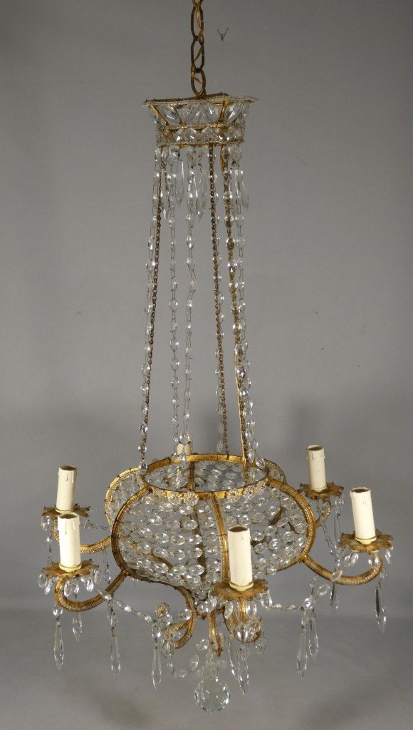 Lustre italien sac de perles et fer doré, époque milieu  XX ème-photo-4