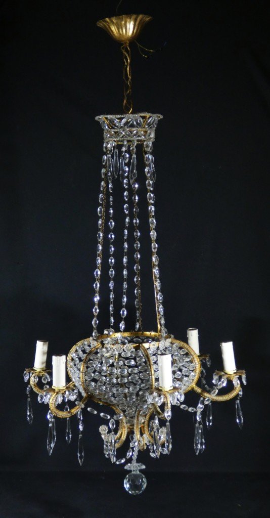 Lustre italien sac de perles et fer doré, époque milieu  XX ème-photo-7