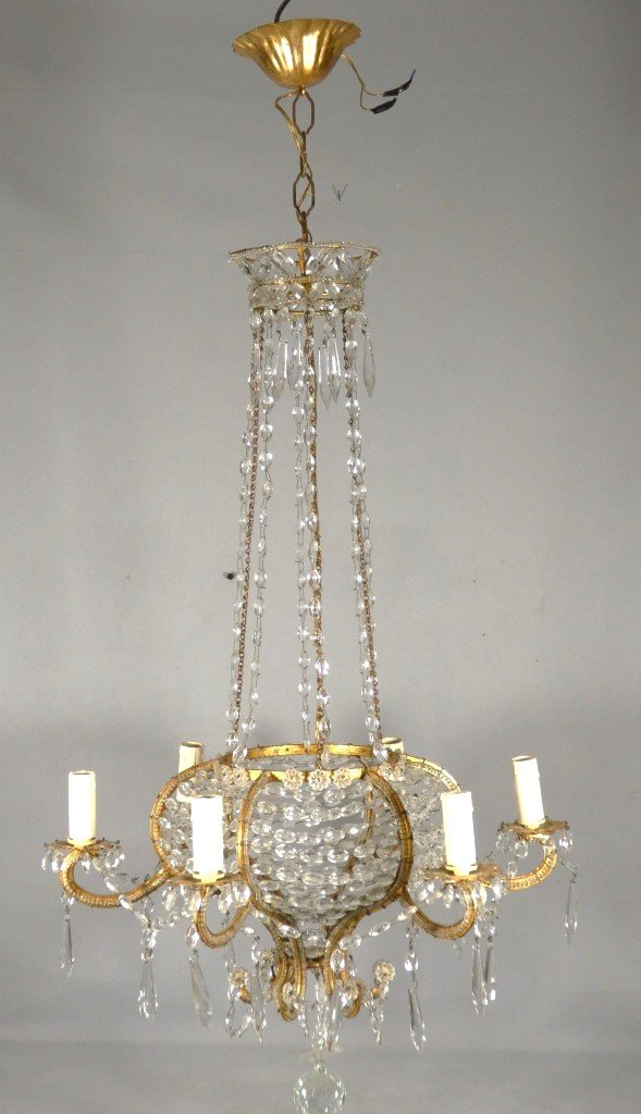 Lustre italien sac de perles et fer doré, époque milieu  XX ème