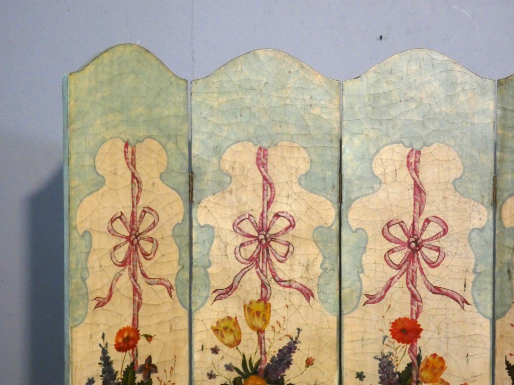 Paravent 4 feuilles en bois peint de bouquets de fleurs, époque XX ème-photo-2