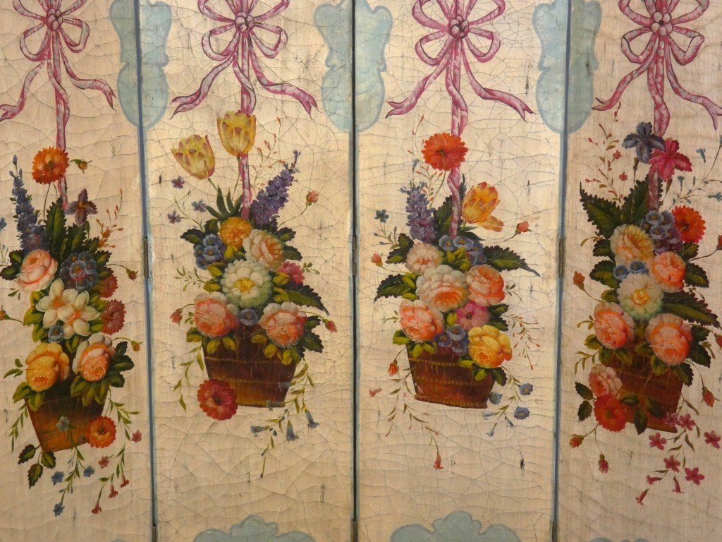 Paravent 4 feuilles en bois peint de bouquets de fleurs, époque XX ème-photo-4