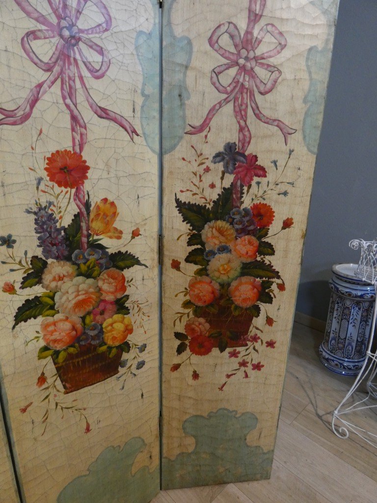 Paravent 4 feuilles en bois peint de bouquets de fleurs, époque XX ème-photo-6