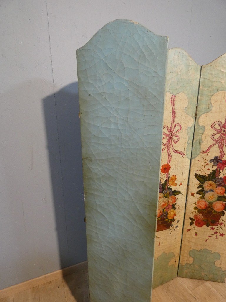Paravent 4 feuilles en bois peint de bouquets de fleurs, époque XX ème-photo-7