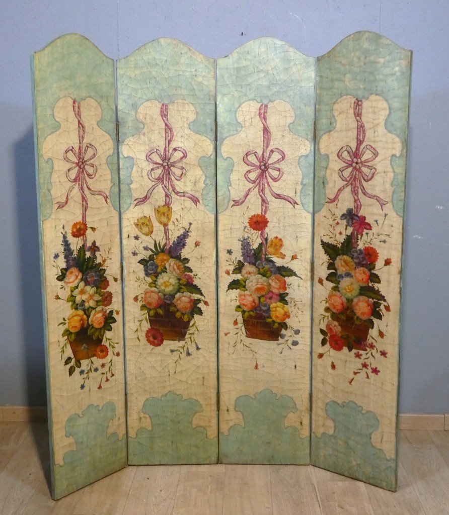 Paravent 4 feuilles en bois peint de bouquets de fleurs, époque XX ème