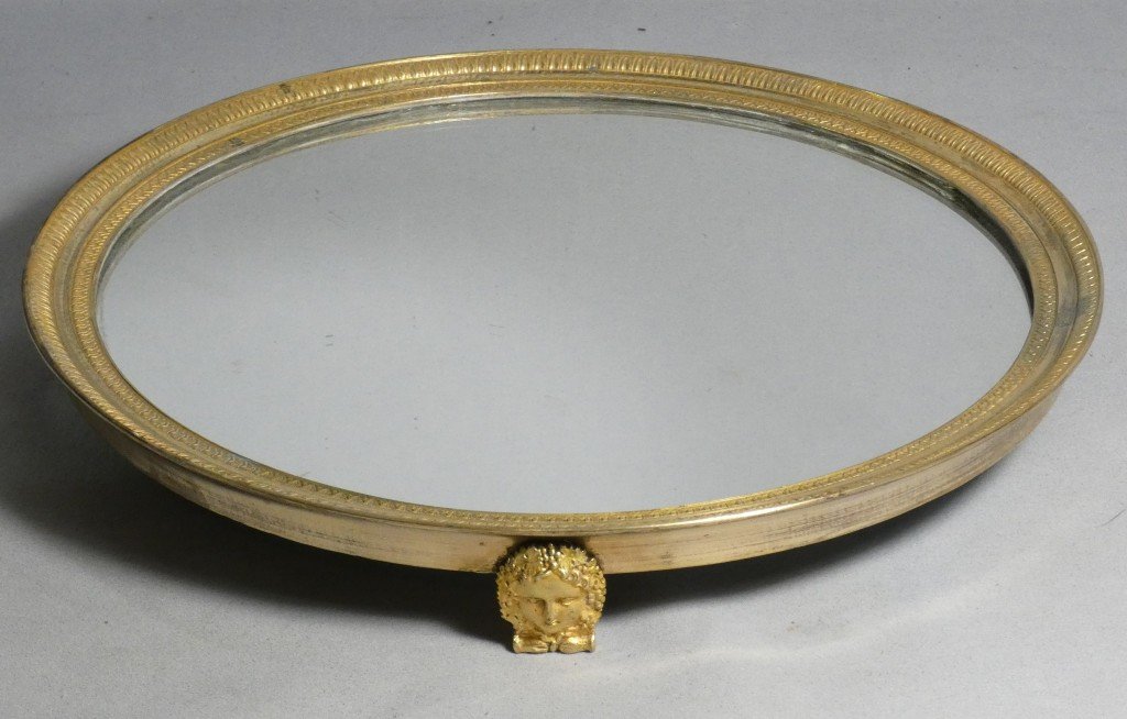 Mirrored Tray, Empire-style Centerpiece In Gilded Bronze, 19th Century