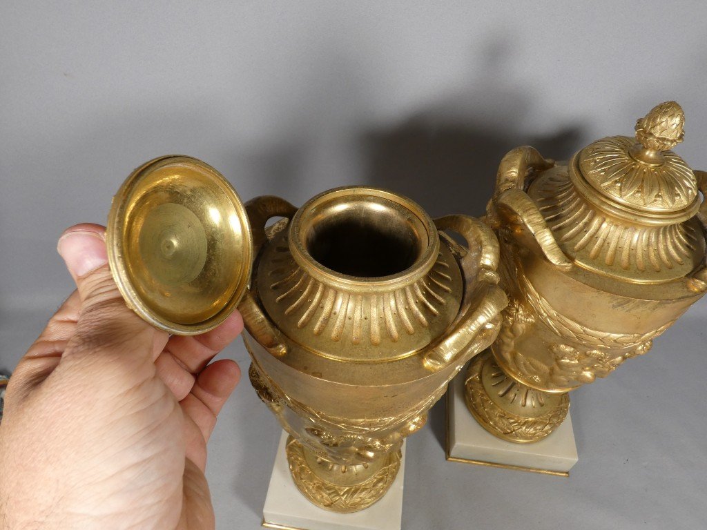 Paire de cassolettes en bronze doré dans le goût de Clodion, XIXᵉ siècle-photo-5