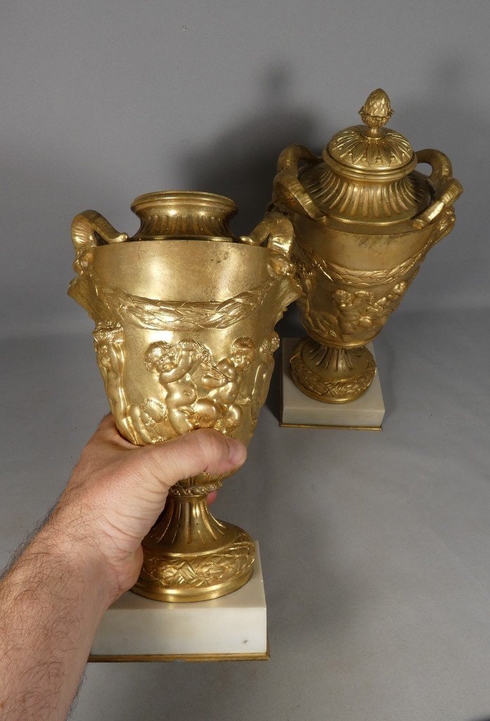 Paire de cassolettes en bronze doré dans le goût de Clodion, XIXᵉ siècle-photo-7