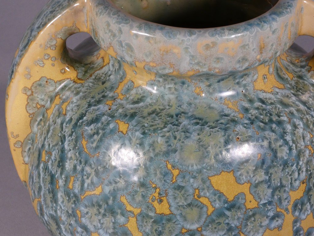 Pierrefonds, vase boule à anses en grès émaillé cristallisation métallisation, vers 1930-photo-3