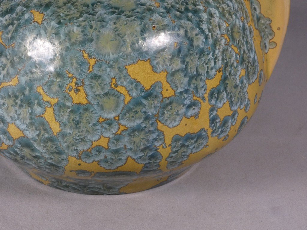 Pierrefonds, vase boule à anses en grès émaillé cristallisation métallisation, vers 1930-photo-4