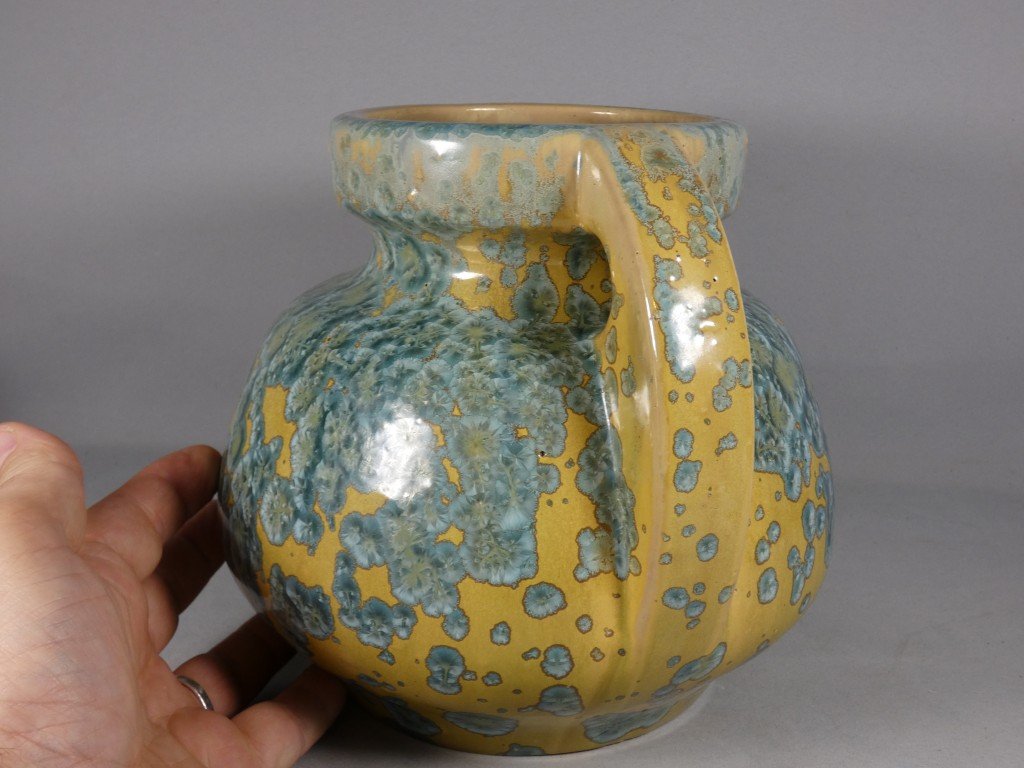 Pierrefonds, vase boule à anses en grès émaillé cristallisation métallisation, vers 1930-photo-1