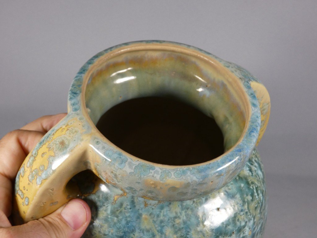 Pierrefonds, vase boule à anses en grès émaillé cristallisation métallisation, vers 1930-photo-3