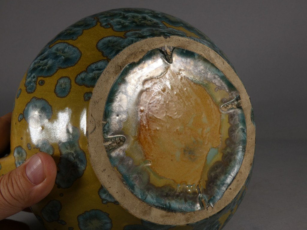 Pierrefonds, vase boule à anses en grès émaillé cristallisation métallisation, vers 1930-photo-4