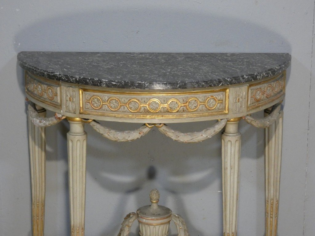 Estampille Louis Noël MALLE, Console  demi-lune d’époque Louis XVI en bois sculpté , XVIII ème-photo-2