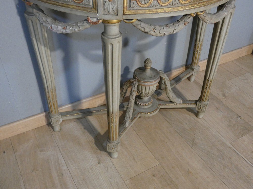 Estampille Louis Noël MALLE, Console  demi-lune d’époque Louis XVI en bois sculpté , XVIII ème-photo-1