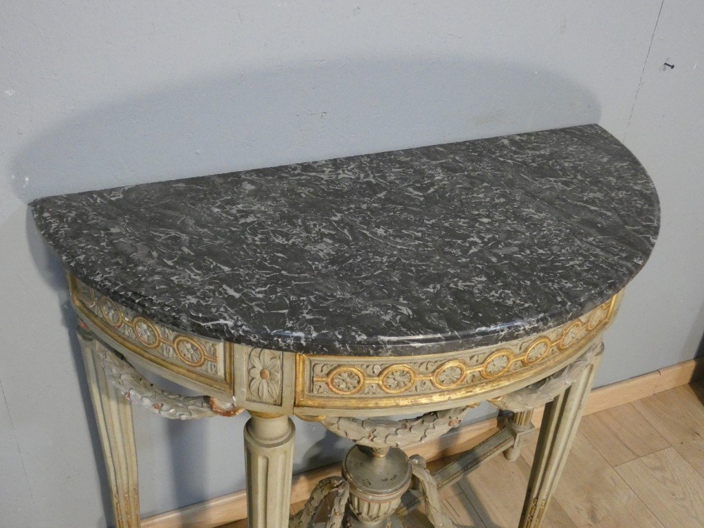 Estampille Louis Noël MALLE, Console  demi-lune d’époque Louis XVI en bois sculpté , XVIII ème-photo-2
