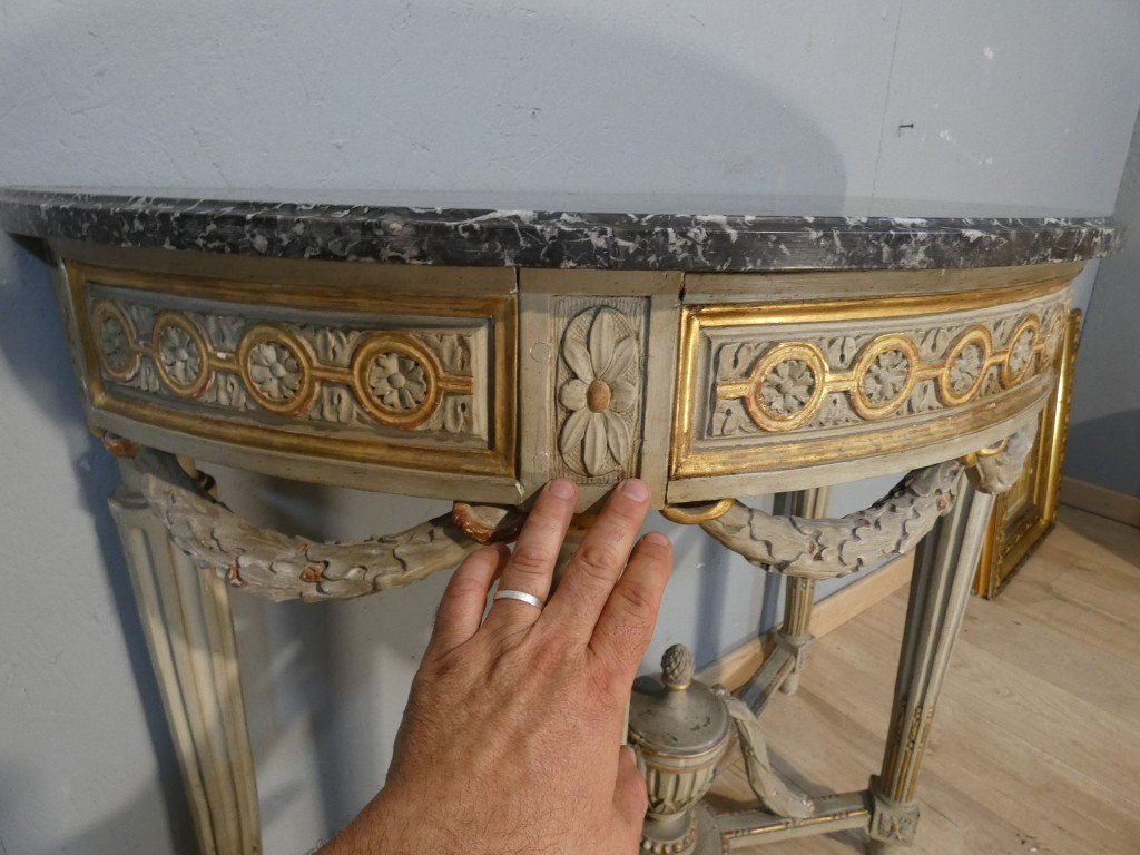 Estampille Louis Noël MALLE, Console  demi-lune d’époque Louis XVI en bois sculpté , XVIII ème-photo-3