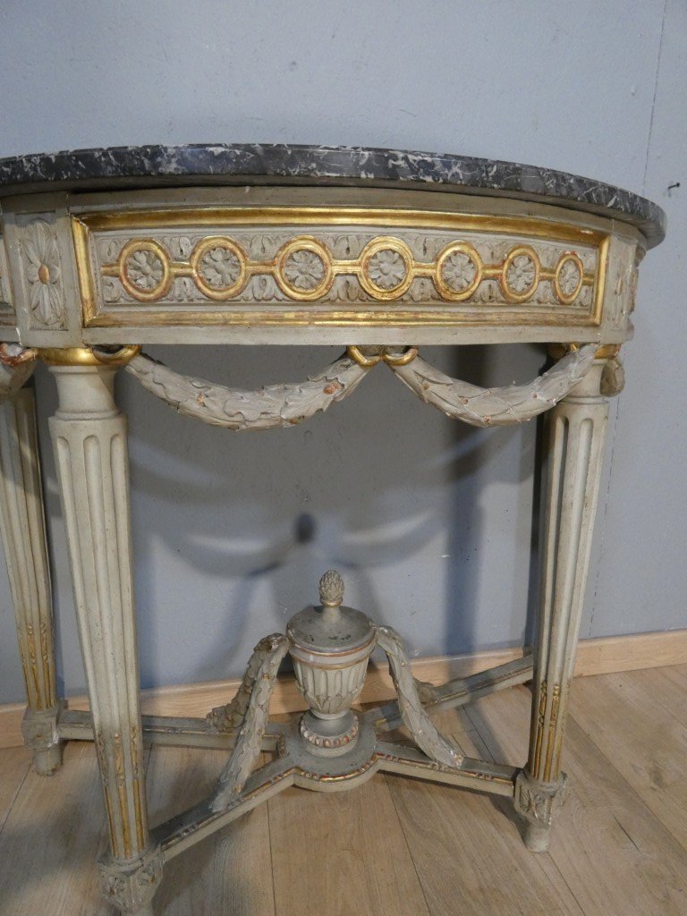 Estampille Louis Noël MALLE, Console  demi-lune d’époque Louis XVI en bois sculpté , XVIII ème-photo-5