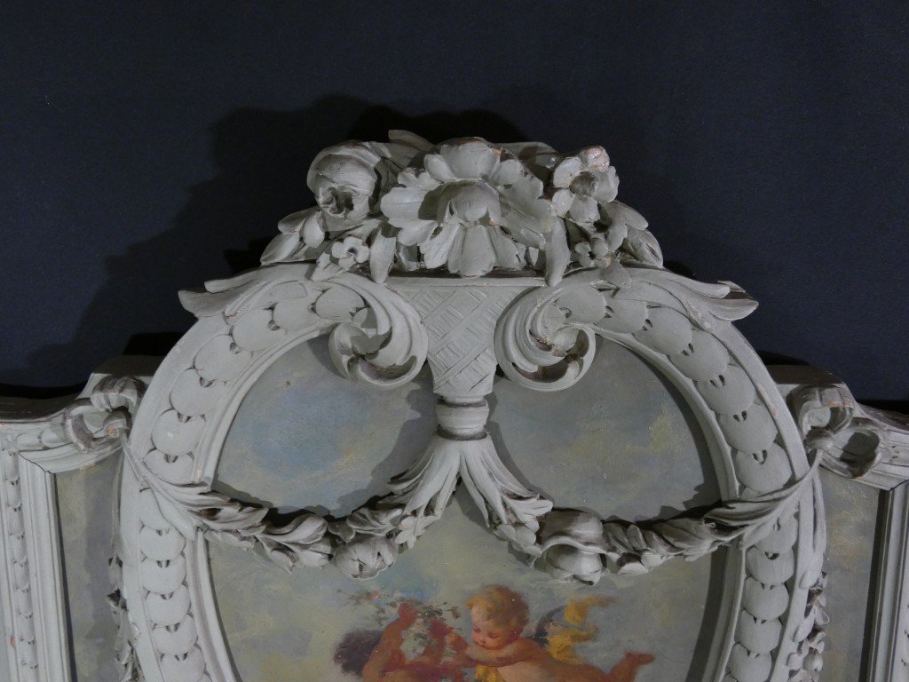 Les angelots - paire de dessus de porte de style Louis XVI en bois laqué, époque 1900-photo-1