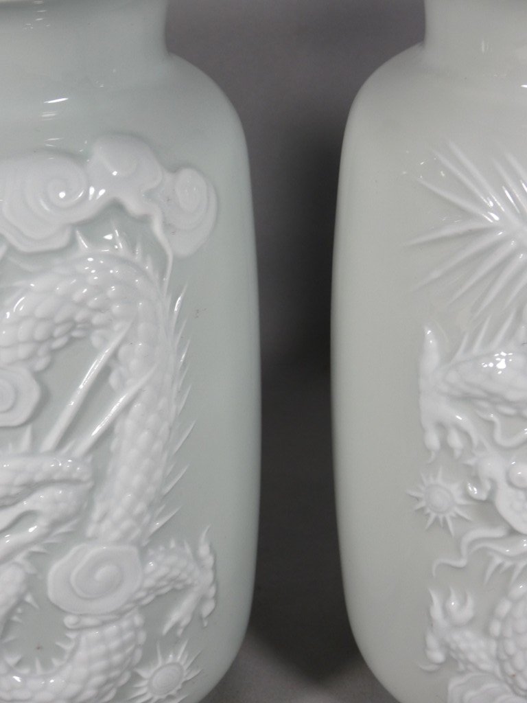 "with Dragons," Raynaud Limoges, Pair Of Celadon And White Porcelain Vases, Paste-on-paste Technique-photo-3