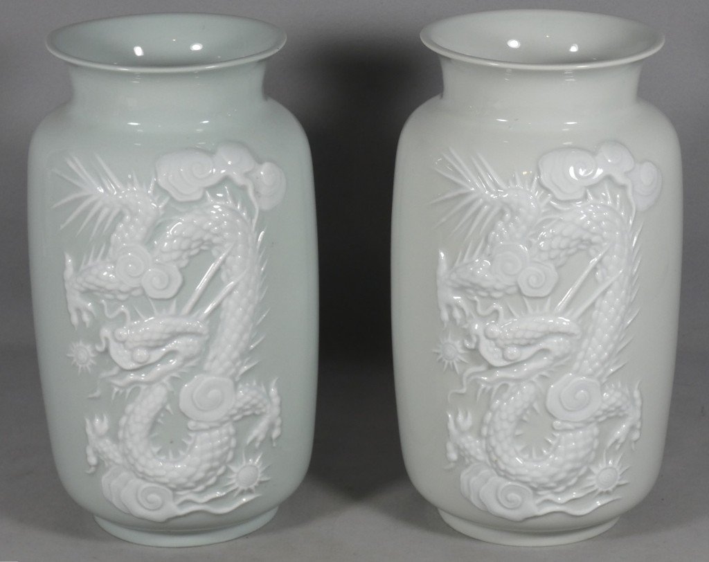 "with Dragons," Raynaud Limoges, Pair Of Celadon And White Porcelain Vases, Paste-on-paste Technique