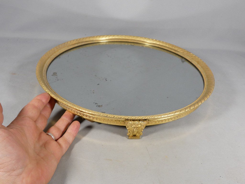 Grand plateau à miroir, centre de table d'époque Empire en bronze doré, XIX ème-photo-4