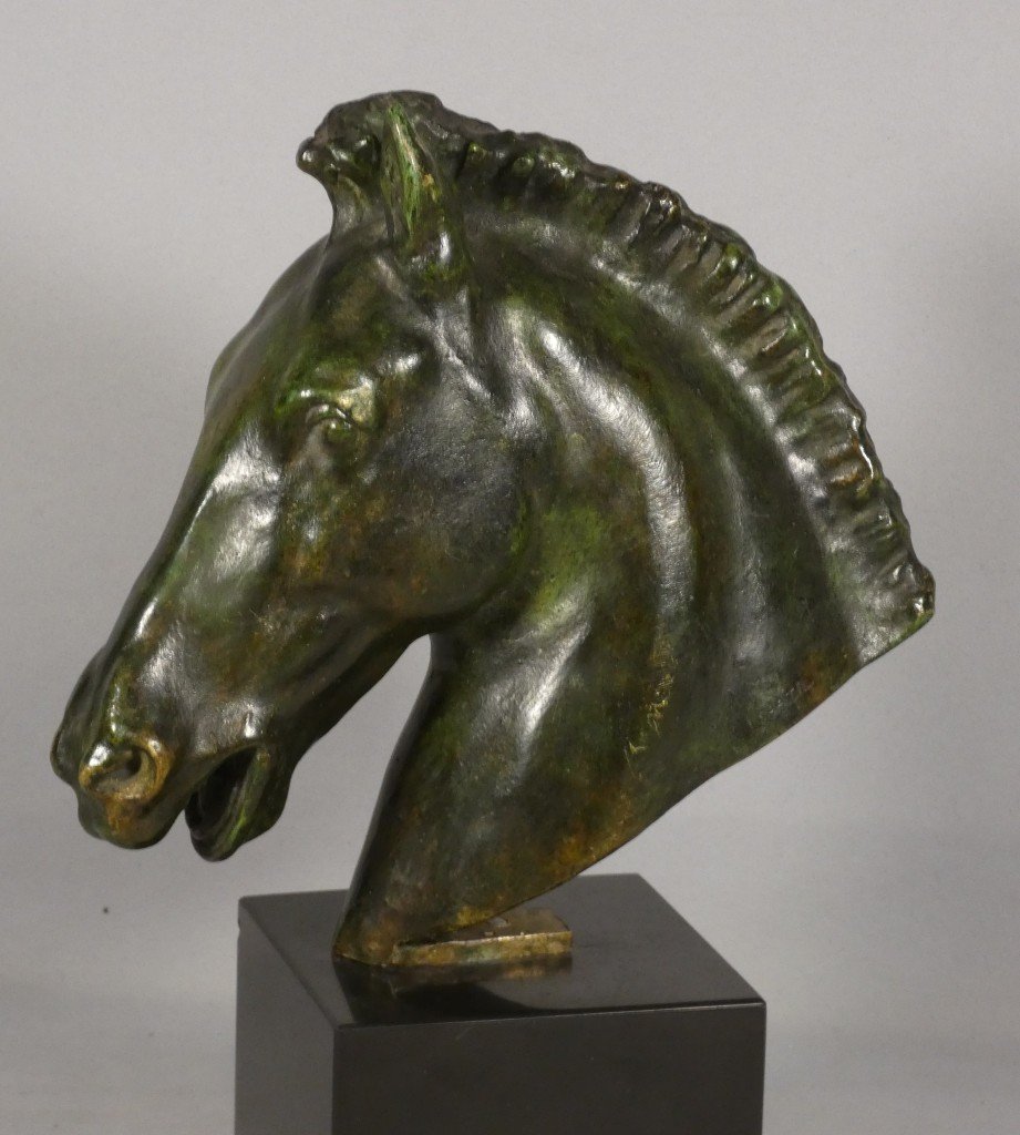 Cheval Au Dressage, Sculpture En Bronze Patiné Vert Par Chatil, époque Début XX ème -photo-2