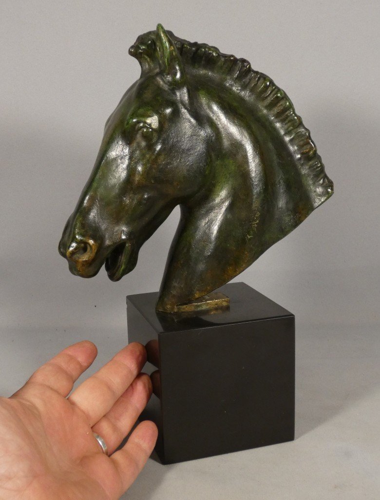 Cheval Au Dressage, Sculpture En Bronze Patiné Vert Par Chatil, époque Début XX ème -photo-3