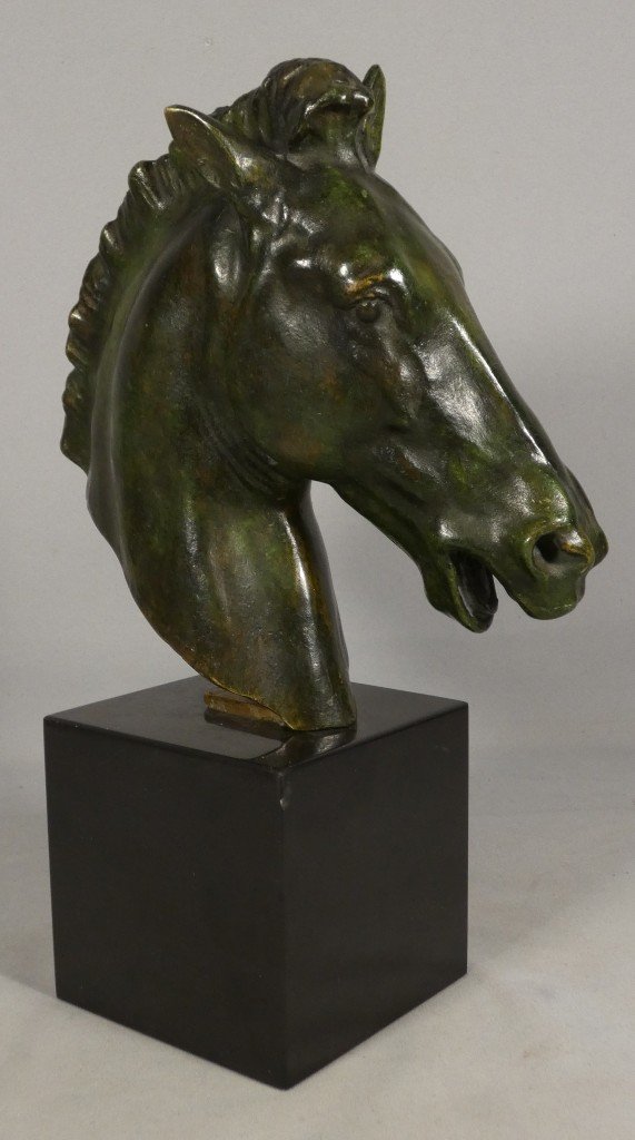Cheval Au Dressage, Sculpture En Bronze Patiné Vert Par Chatil, époque Début XX ème -photo-4