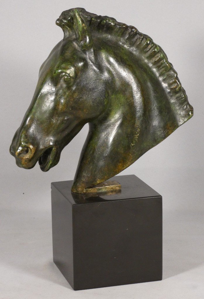 Cheval Au Dressage, Sculpture En Bronze Patiné Vert Par Chatil, époque Début XX ème 