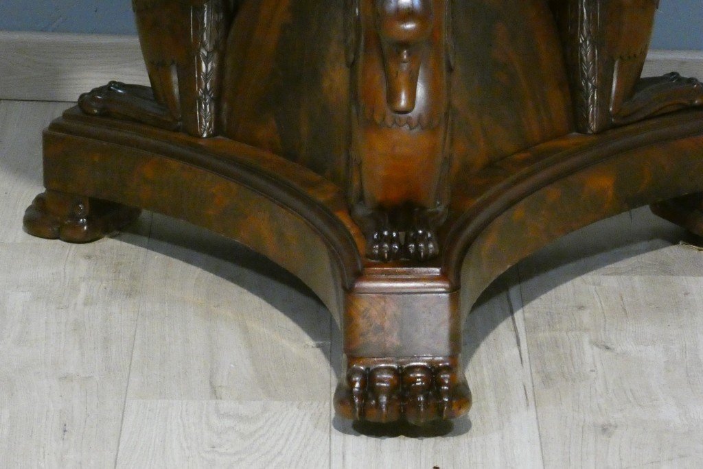 Empire-period Swan-adorned Side Table In Flamed Mahogany And Turquoise Marble, 19th Century-photo-3