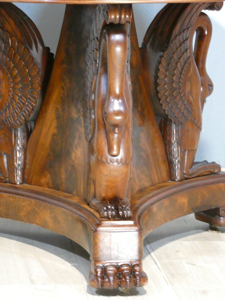 Empire-period Swan-adorned Side Table In Flamed Mahogany And Turquoise Marble, 19th Century-photo-1