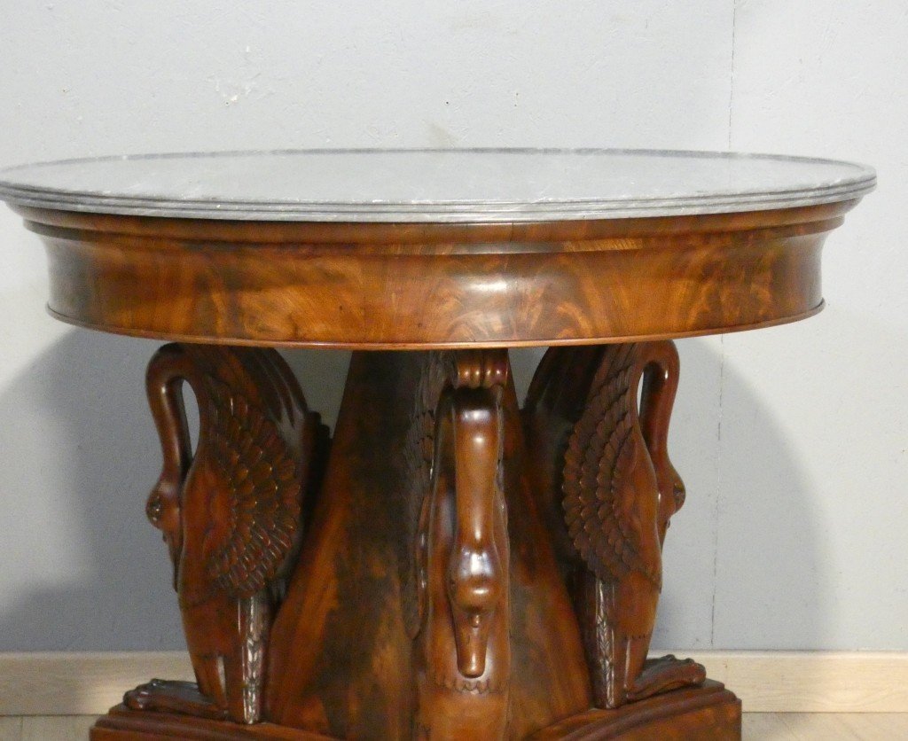Empire-period Swan-adorned Side Table In Flamed Mahogany And Turquoise Marble, 19th Century-photo-2