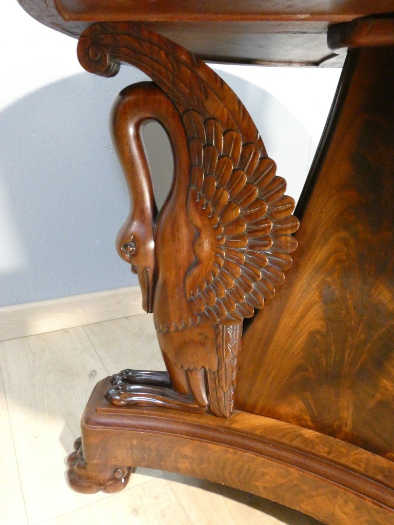 Empire-period Swan-adorned Side Table In Flamed Mahogany And Turquoise Marble, 19th Century-photo-5
