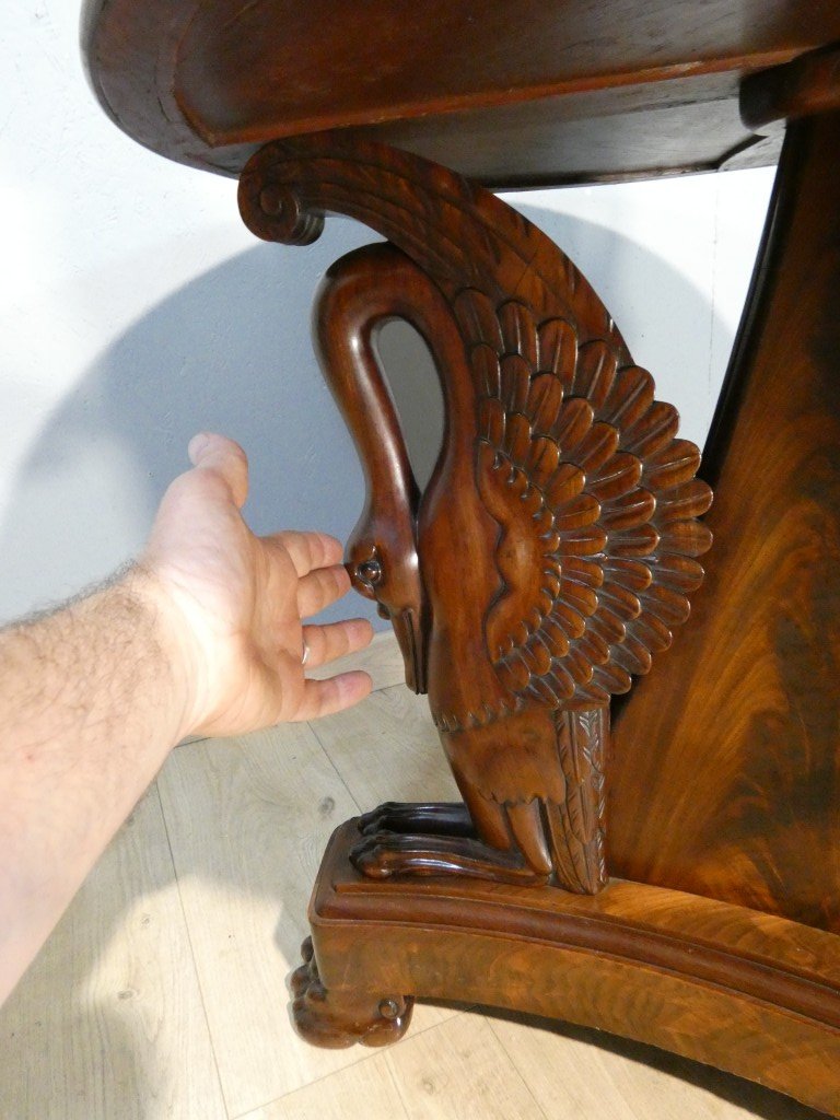 Empire-period Swan-adorned Side Table In Flamed Mahogany And Turquoise Marble, 19th Century-photo-6