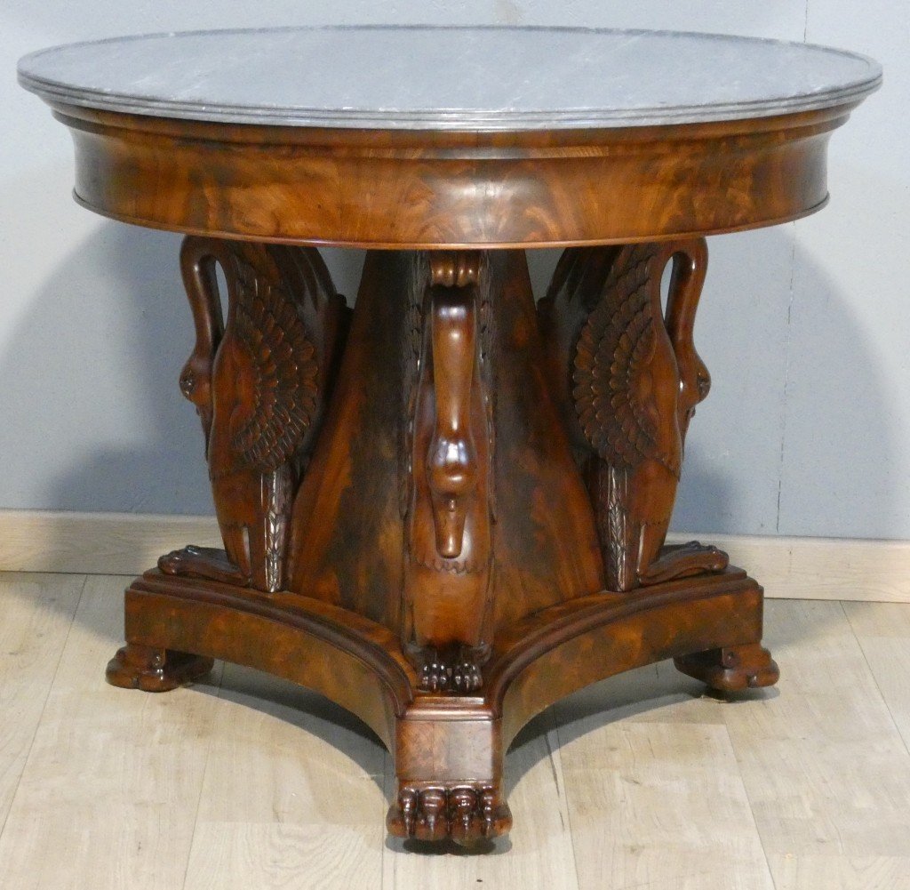 Empire-period Swan-adorned Side Table In Flamed Mahogany And Turquoise Marble, 19th Century